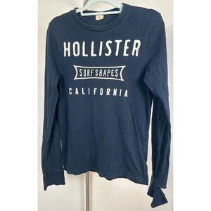 Hollister Y2K Men T-Shirt M Navy Logo Long Sleeve Shirt Surf Shapes Destroyed